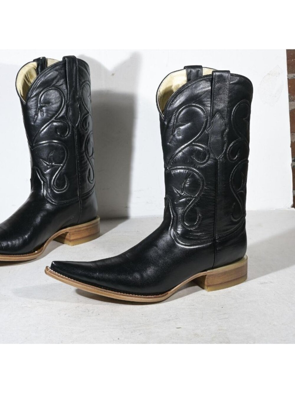 Vintage Black Leather Cowboy Boots Deadstock New in Box Embroidered Shaft Men's